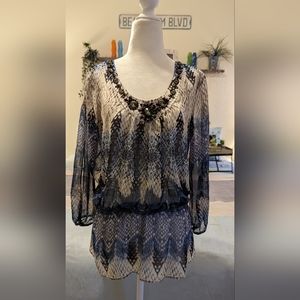 CACHE BLOUSE V-NECK SHEER RHINESTONE DETAILS BLUE SNAKE PRINT CUT OUT SLEEVE XS